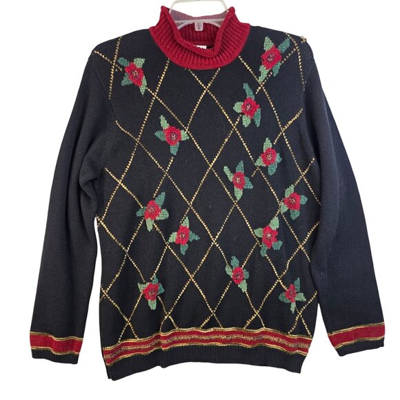 80s Holiday Argyle Christmas Poinsettia Sweater Medium Koret Holiday Festive - Picture 1 of 6
